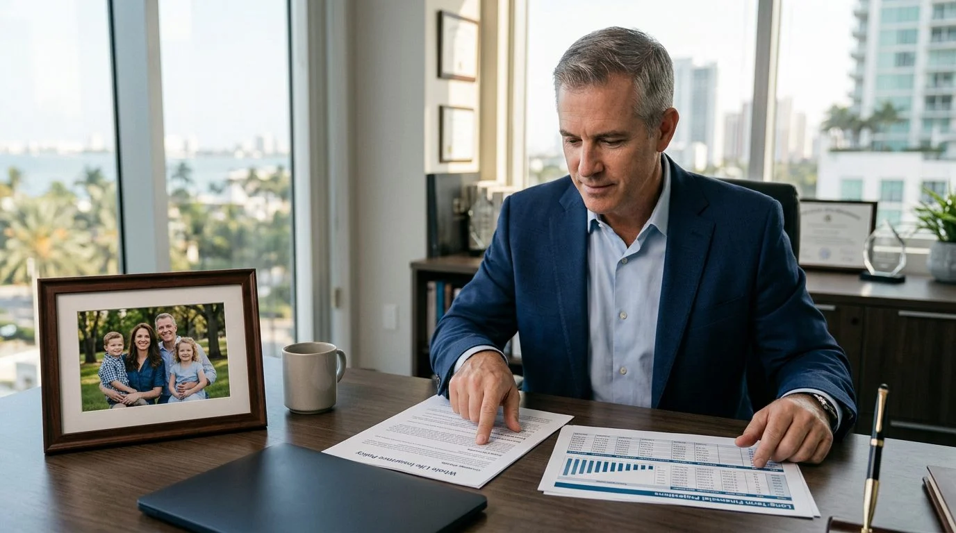 Un empresario revisa una póliza de seguro de vida entera junto a una hoja de proyección financiera, con una foto familiar enmarcada cerca.
