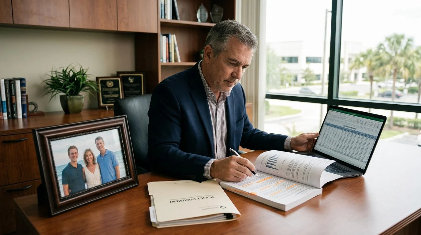 Un empresario revisa una póliza de seguro de vida junto a una hoja de cálculo financiera y una foto familiar en su escritorio.