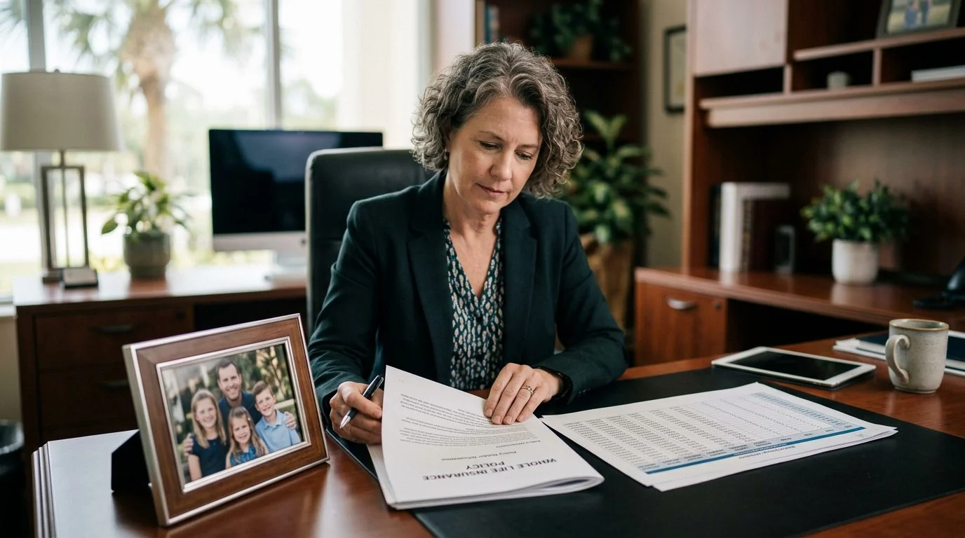 A business owner at an office desk reviews a whole life insurance policy beside a financial spreadsheet, with a family photo nearby.