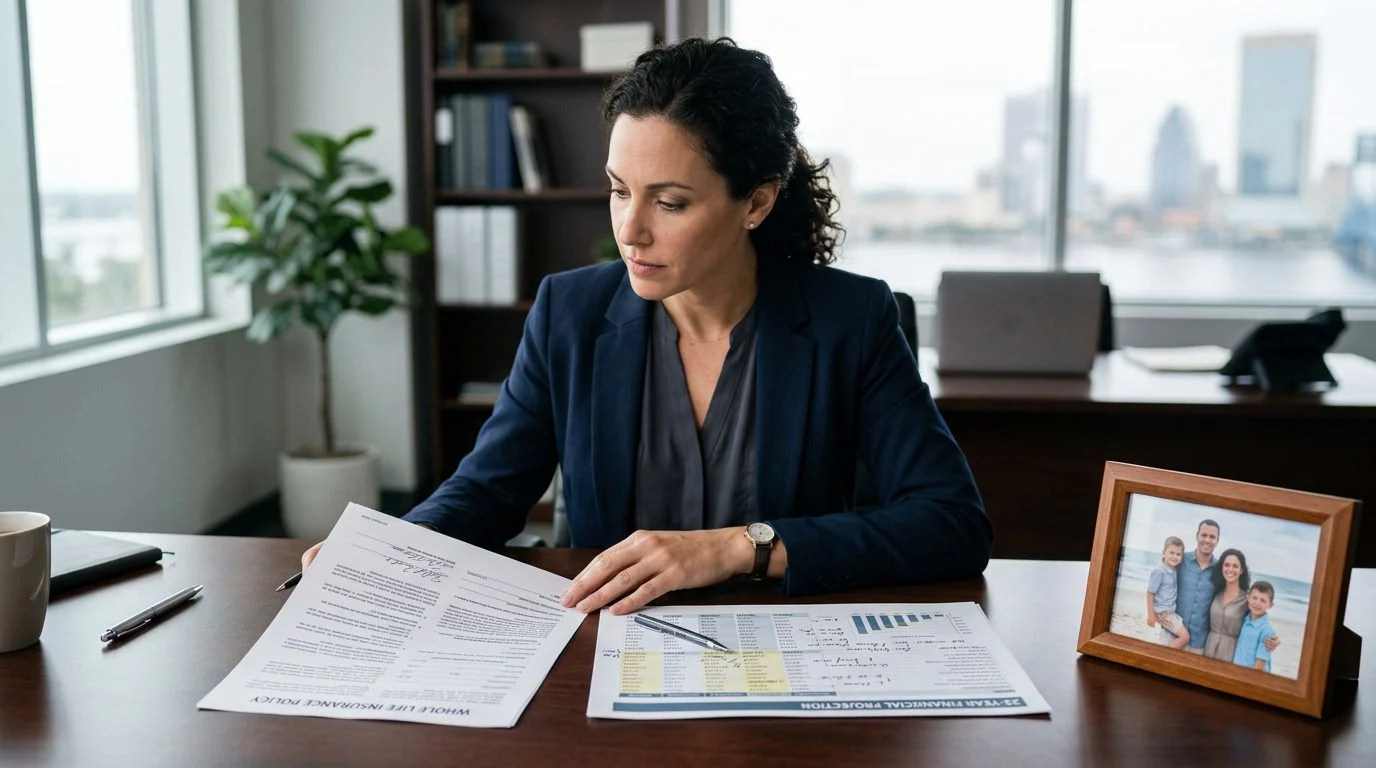 Un empresario revisa una póliza de seguro de vida entera en su escritorio, junto a una hoja de proyección financiera y una foto familiar.