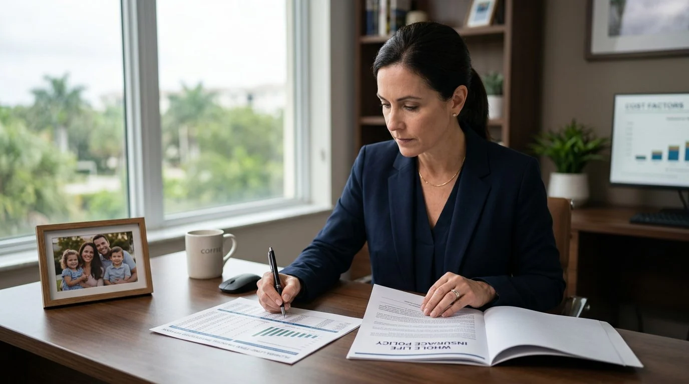 Un empresario revisa una póliza de seguro de vida entera y una hoja de proyección financiera junto a una foto familiar en su escritorio.