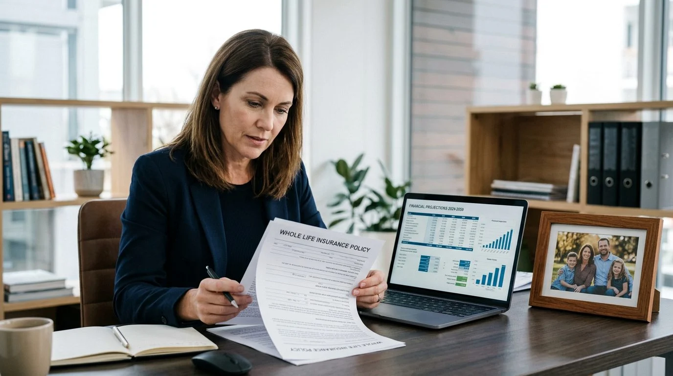 A business owner reviews a whole life insurance policy and a long-term financial projection spreadsheet at a desk beside a framed family photo.