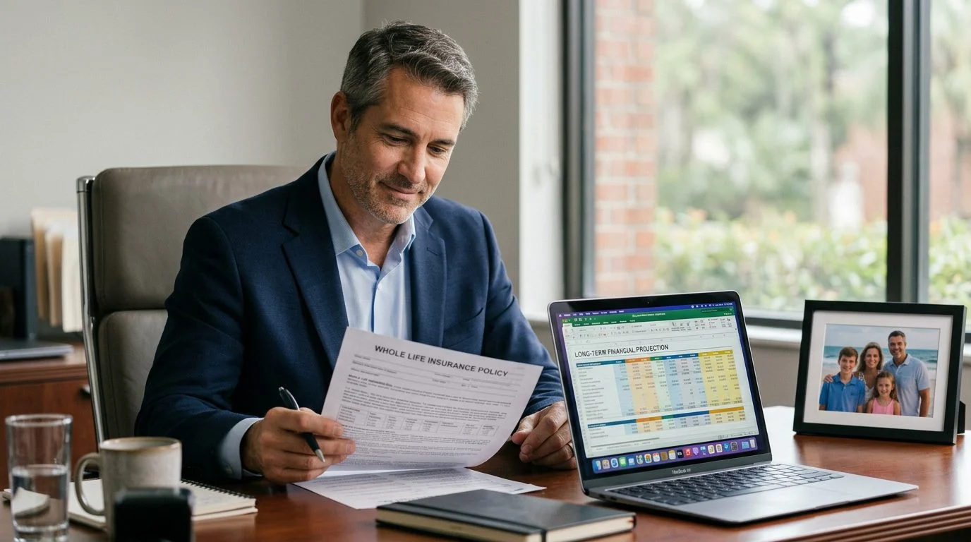 Un empresario revisa una póliza de seguro de vida entera junto a una hoja de proyección financiera, con una foto familiar enmarcada en el escritorio.
