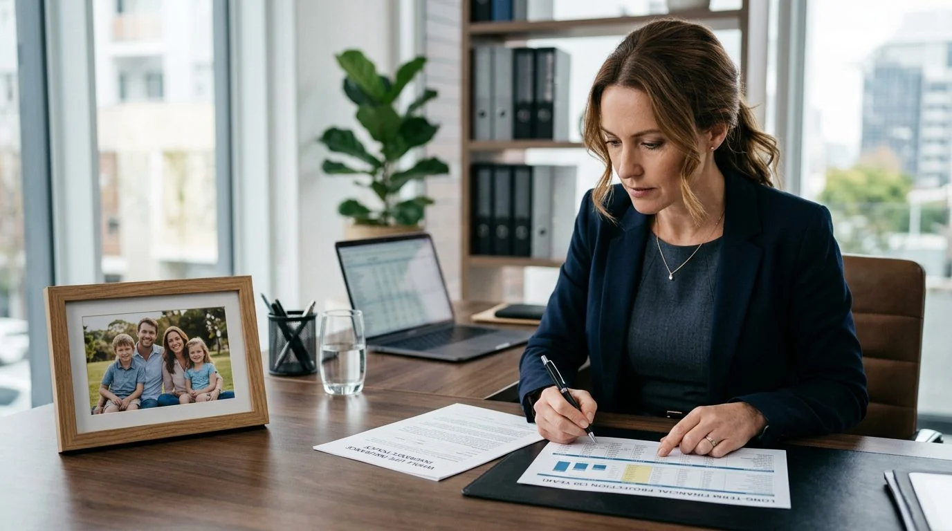 A business owner reviews a whole life insurance policy beside a financial projection spreadsheet, with a family photo on the desk.