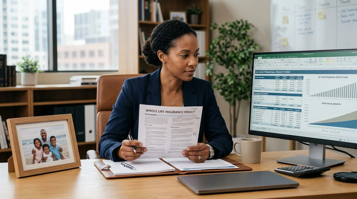 A business owner reviews a whole life insurance policy document beside a financial projection spreadsheet, with a framed family photo on the desk.