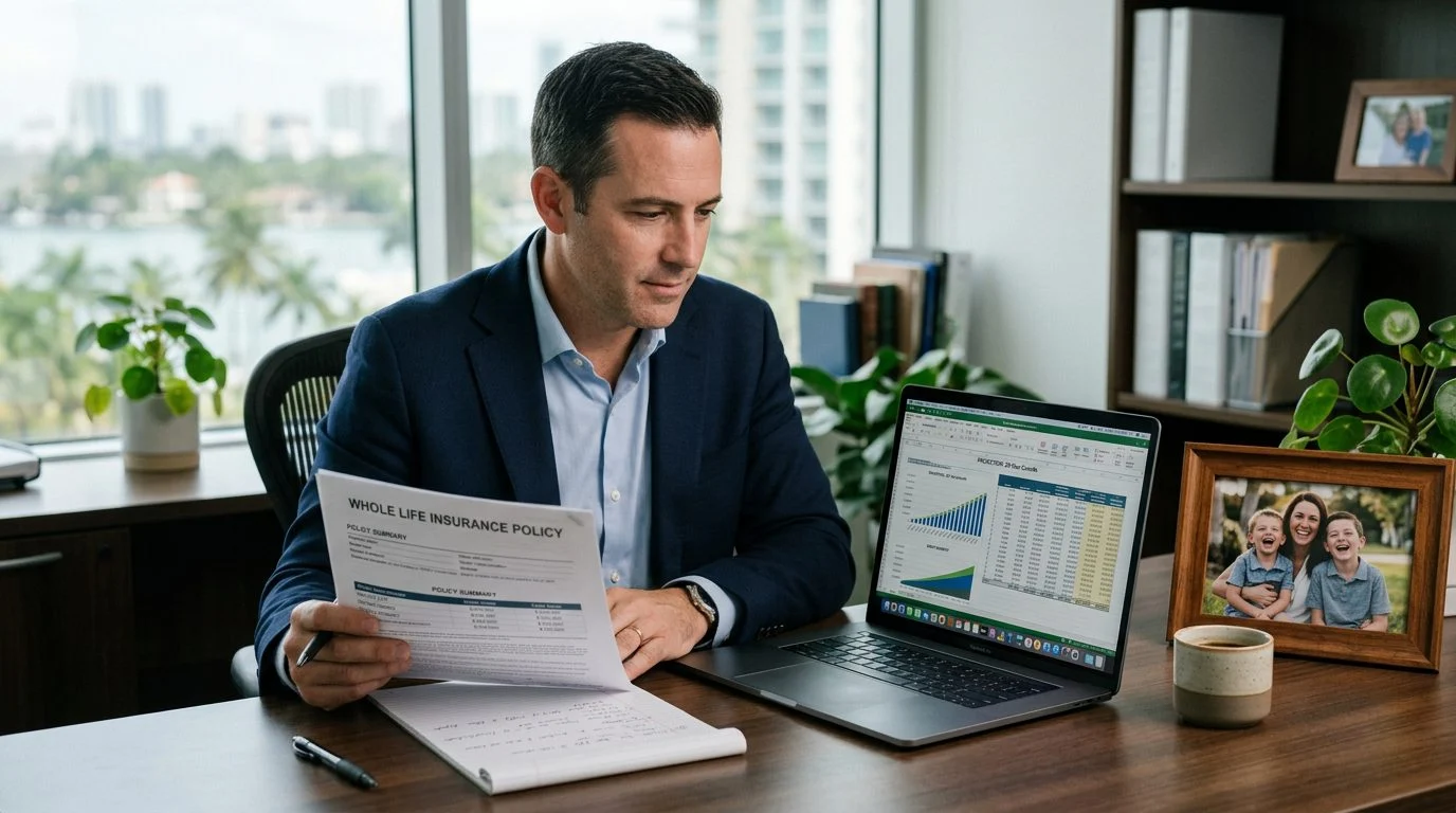 A business owner reviews a whole life insurance policy document beside a financial projection spreadsheet, with a family photo on the desk.