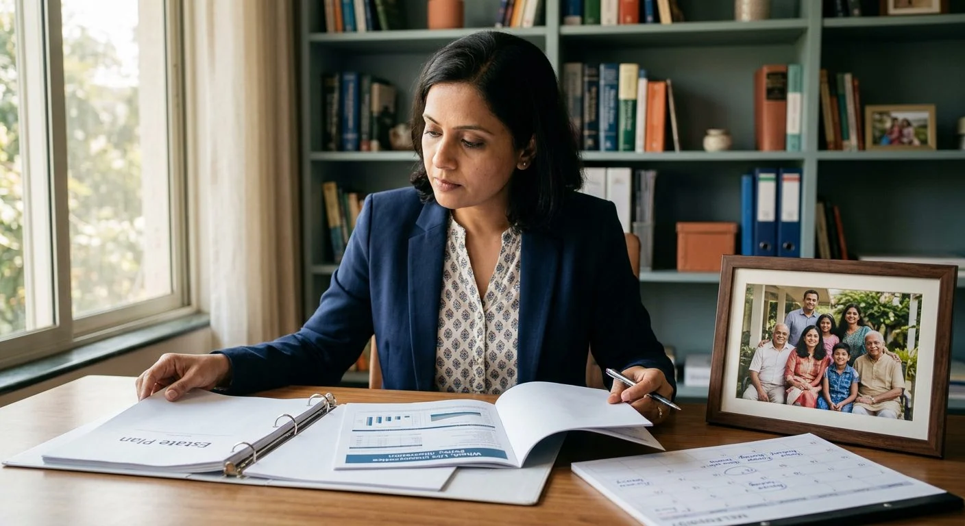 A business owner reviews an estate plan folder and a life insurance policy at a home office desk beside a family photo.