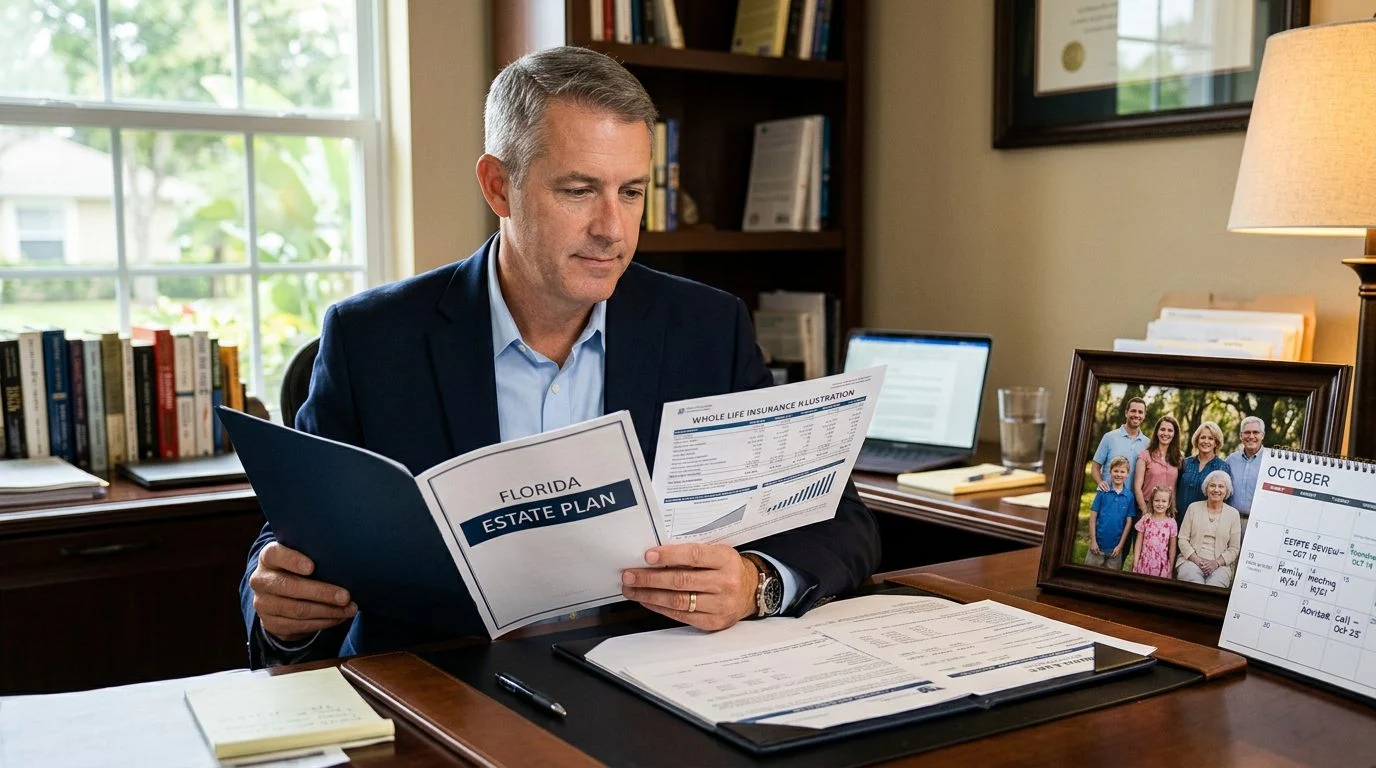A business owner reviews an estate plan folder and a policy illustration at a home office desk beside a framed family photo.