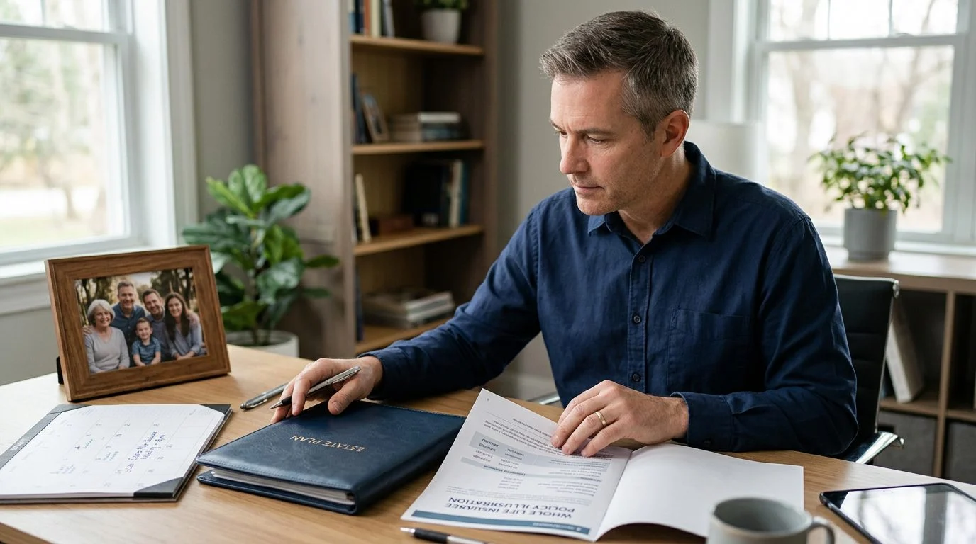 A business owner reviews an estate plan folder and a whole life insurance illustration at a home office desk beside a family photo.