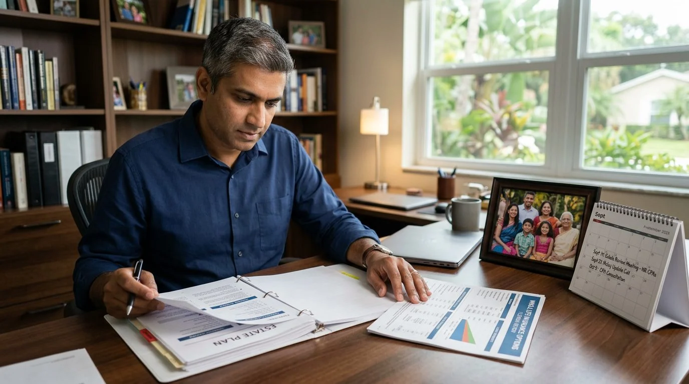 A business owner reviews an estate plan folder and life insurance policy illustration at a home office desk beside a framed family photo.