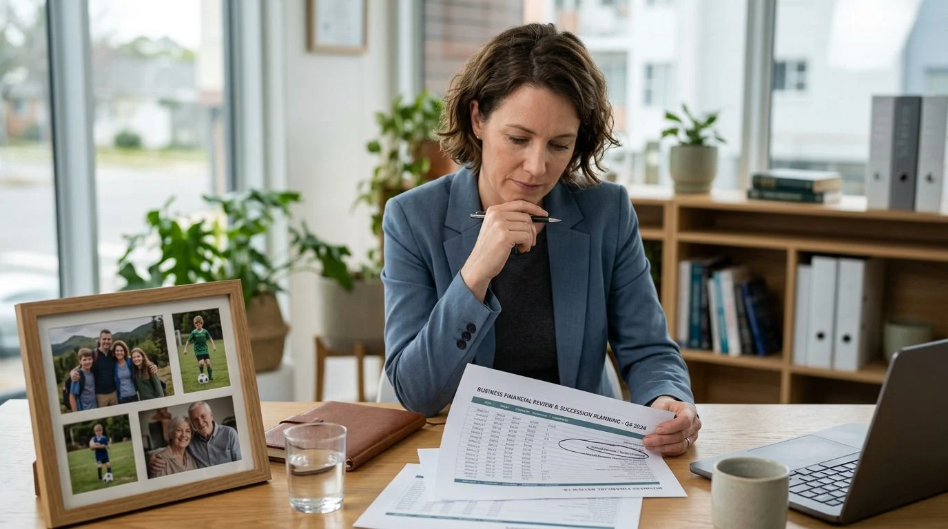 A business owner reviews financial documents at a desk beside family photos.
