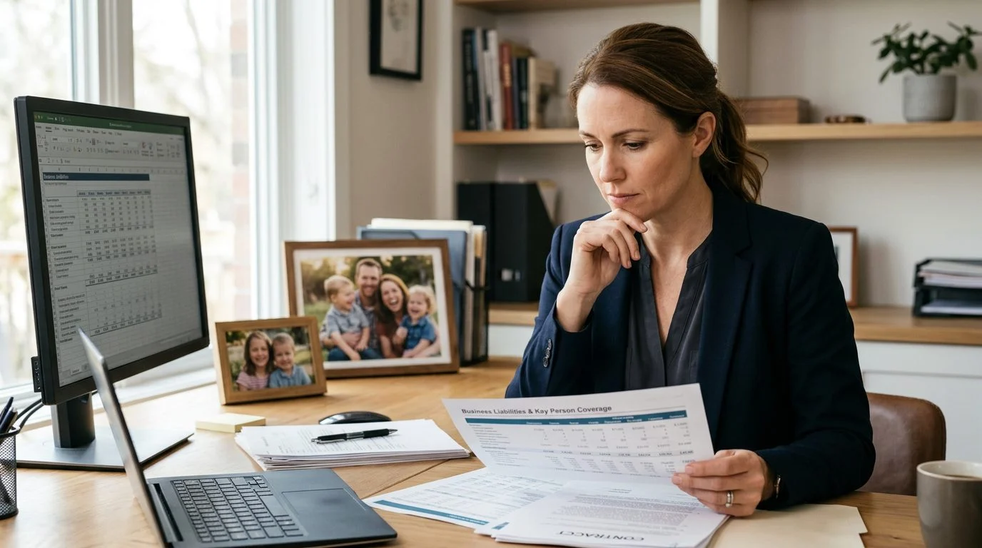 Una empresaria revisa documentos financieros en un escritorio junto a fotos familiares.