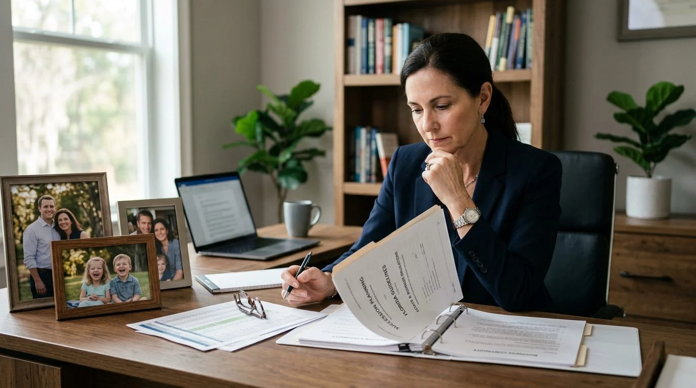 A business owner reviews financial documents at a desk beside family photos.