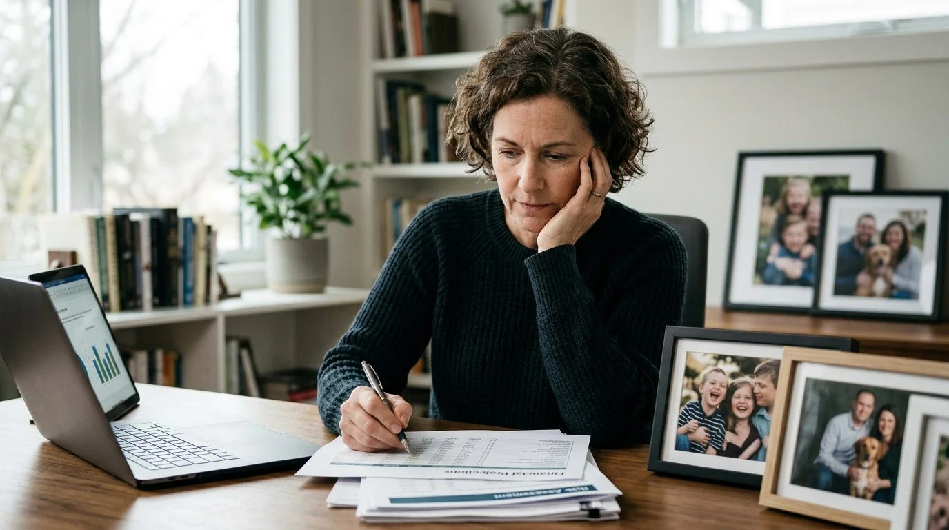 Un empresario revisa documentos financieros en su escritorio junto a fotos familiares.
