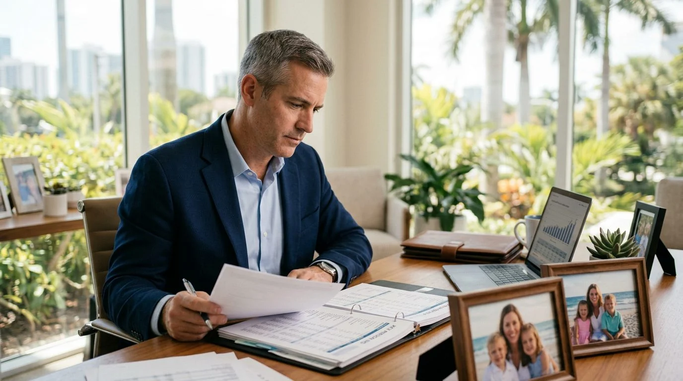 A business owner reviews financial documents at a desk with family photos nearby.