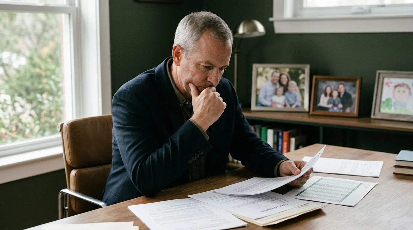 A business owner reviews financial papers at a desk beside framed family photos.