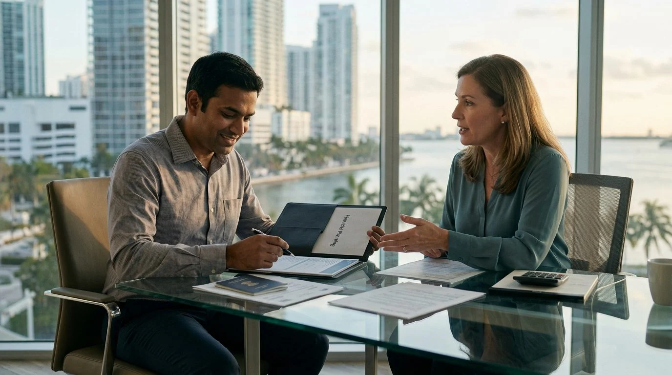 Escritorio con portátil, documentos de seguro y calculadora junto a una ventana soleada en Florida.