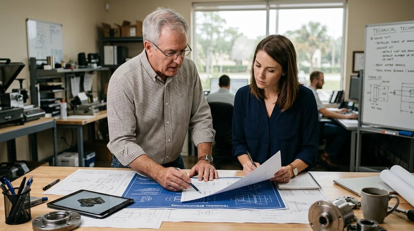 A founder and a designated successor review technical specifications together at a workshop table.