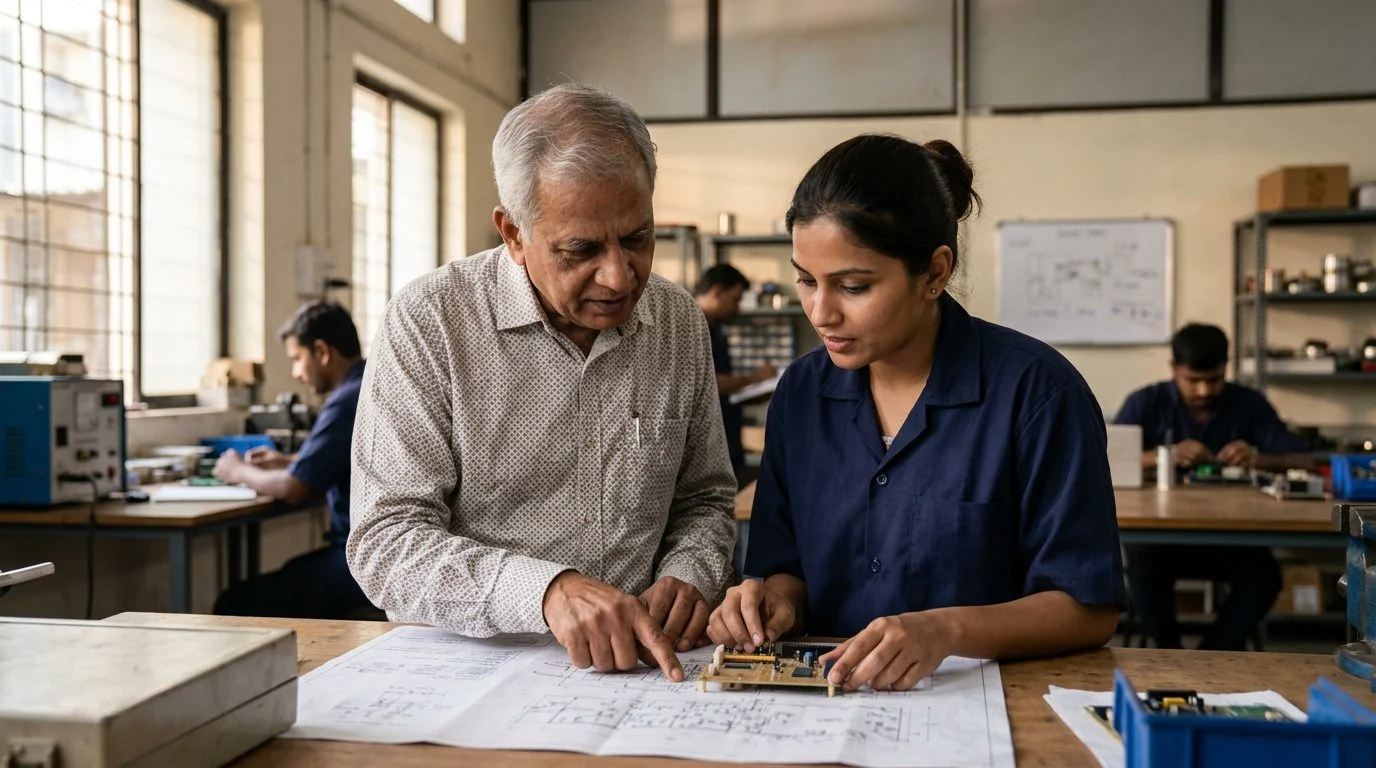 A founder and a designated successor work side by side at a workbench, reviewing technical specifications together.
