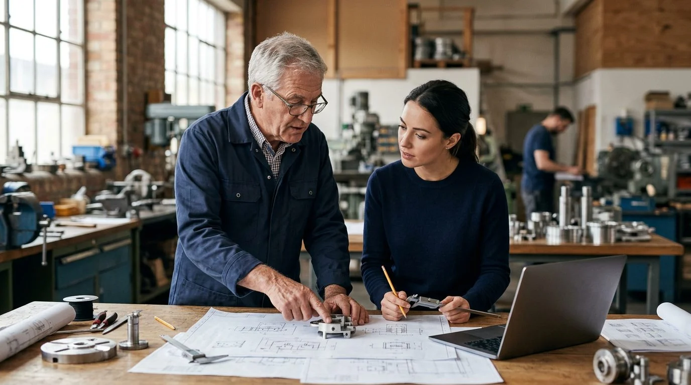 A founder and a designated successor work side by side at a workshop bench, reviewing technical drawings together.