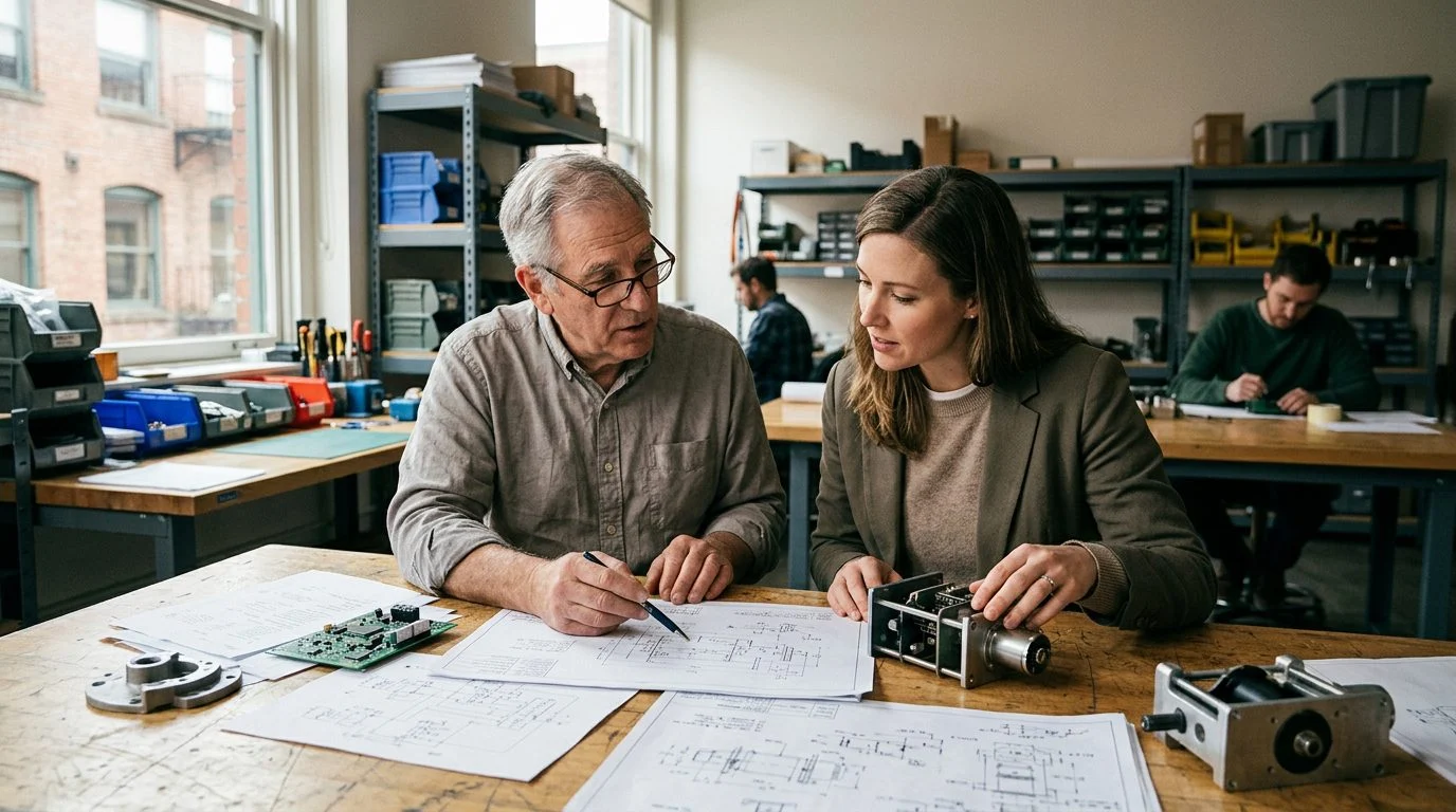 A founder and a designated successor work side by side over technical specifications in a family business workshop.
