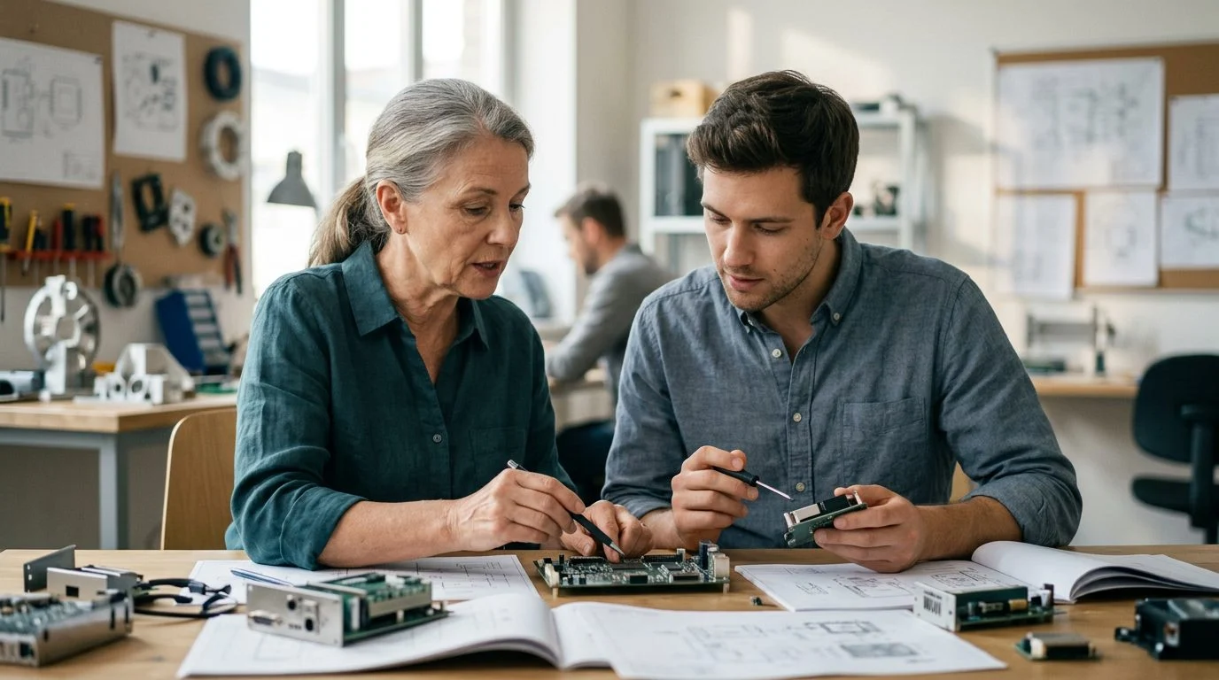 A founder and a successor work side by side at a table covered with technical drawings in a family business workshop.