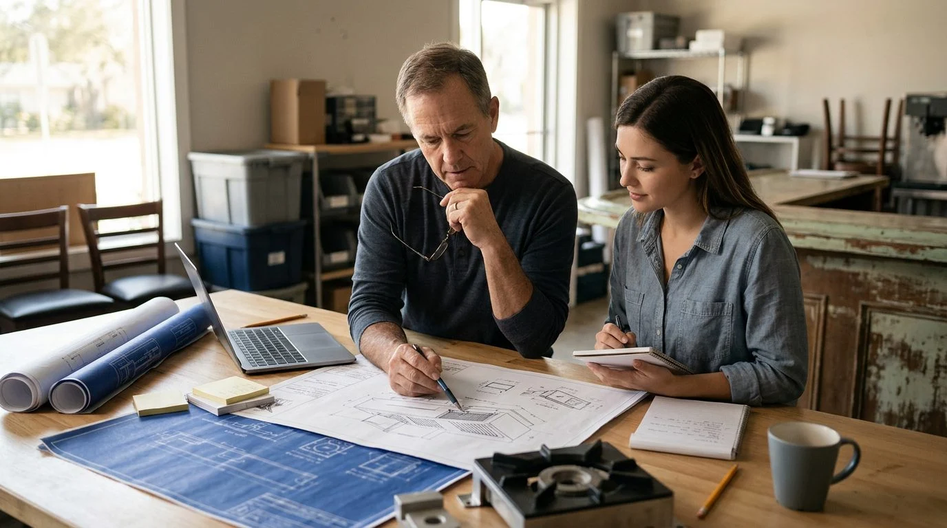 Un fundador y un sucesor más joven revisan planos técnicos juntos en un banco de trabajo.