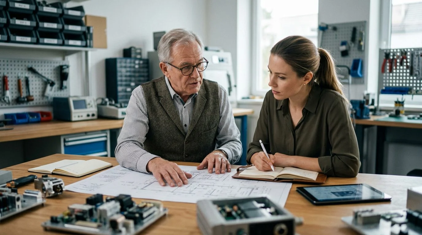 Un fundador y su sucesor más joven revisan planos técnicos juntos en un banco de trabajo del taller familiar.