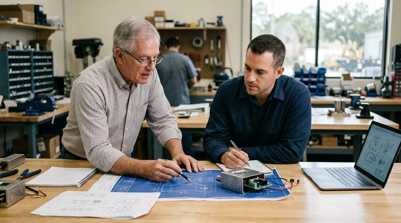 A founder and a younger successor review technical drawings together at a workbench in a family-run workshop.