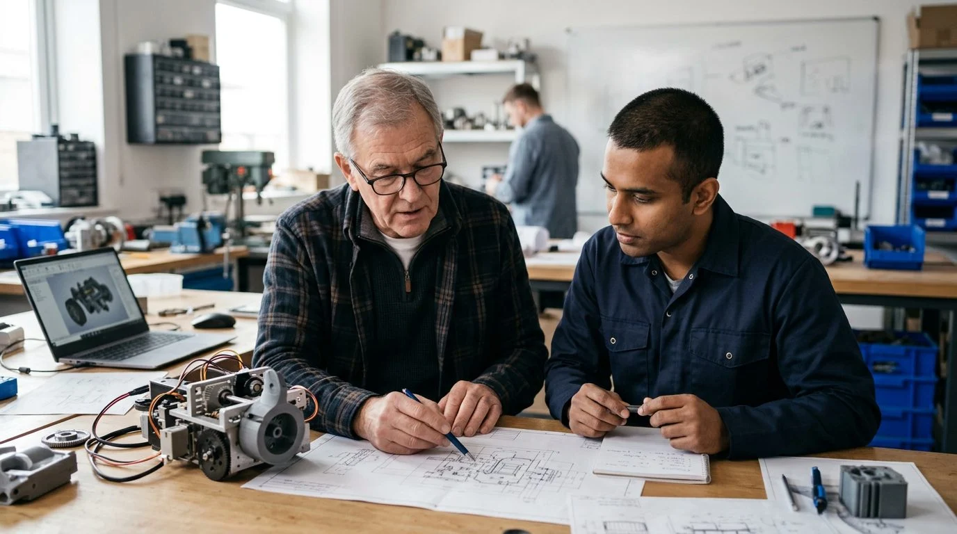A founder and a younger successor review technical drawings together at a workbench in a small family business workshop.