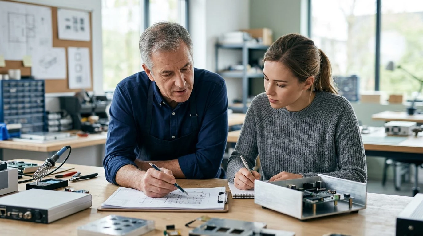 A founder and successor review technical specifications side by side in a family business workshop.