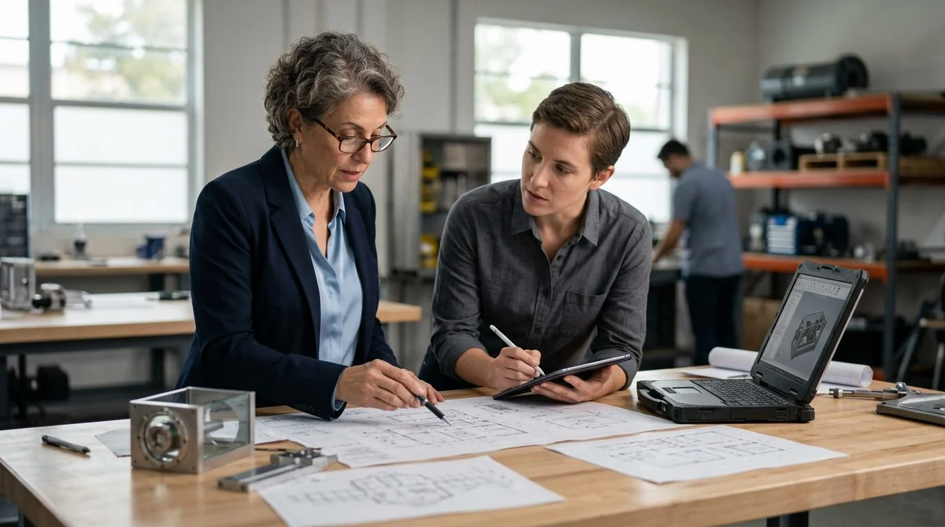 A founder and successor review technical specifications side by side in a family business workshop.