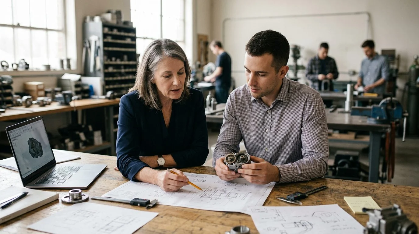 A founder and successor reviewing technical specifications together at a workbench in a family business workshop.