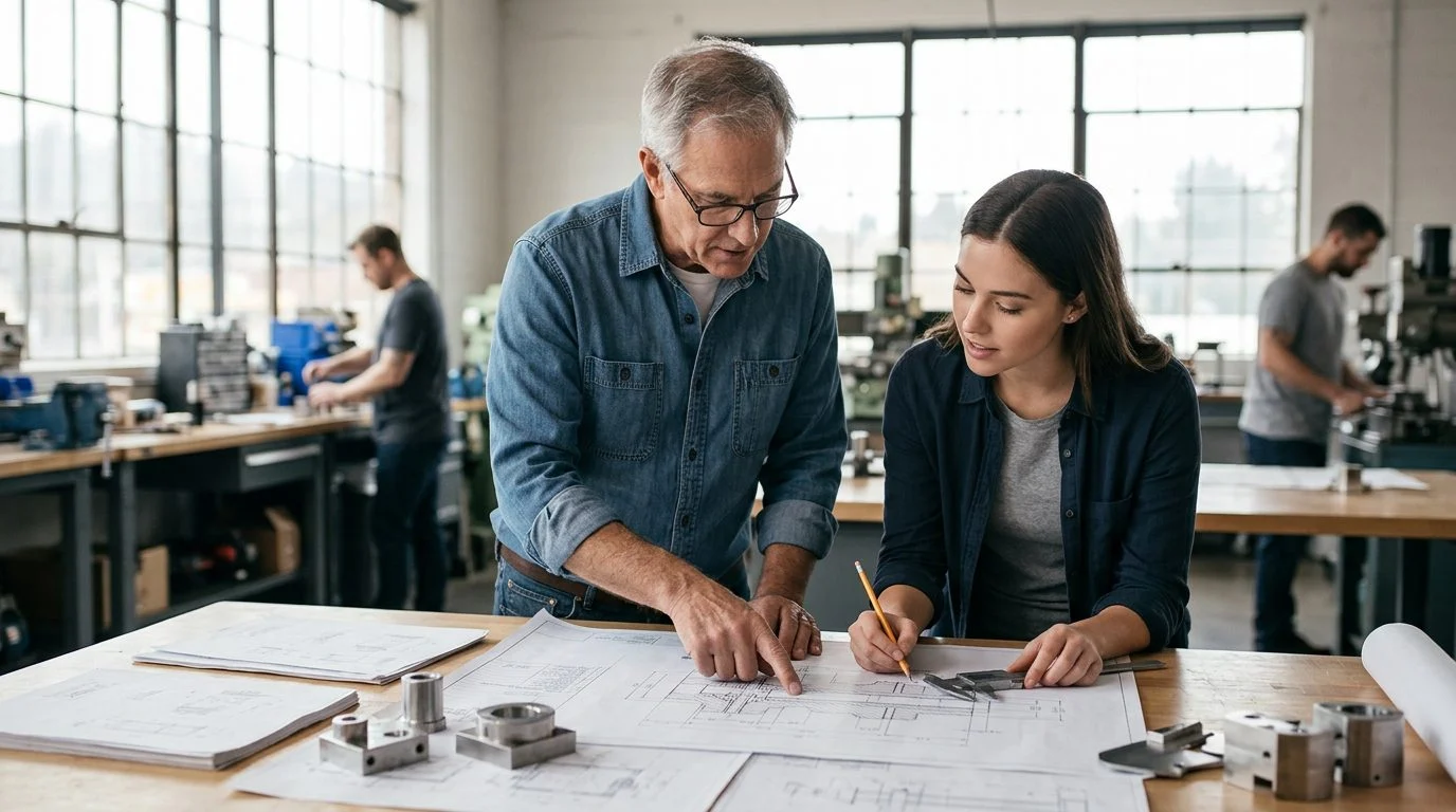 A founder and their chosen successor review product specifications side by side at a workshop bench.