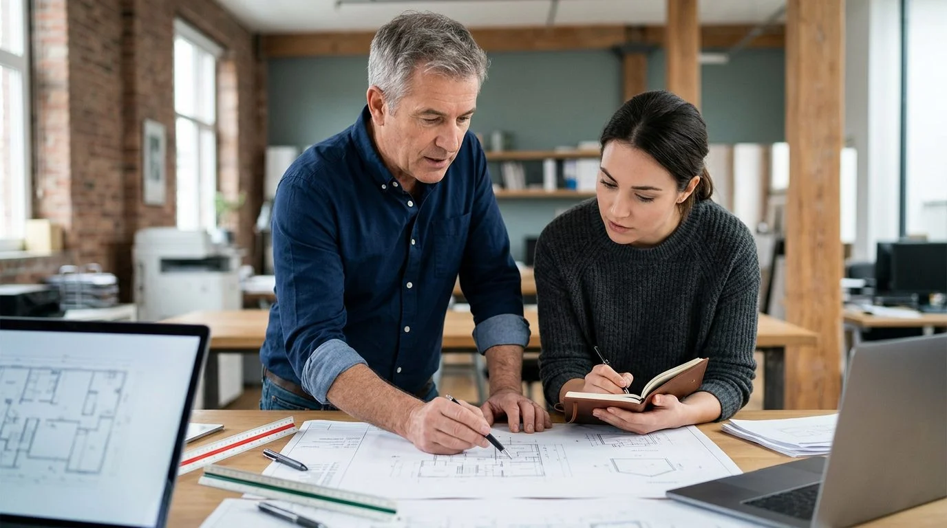 A founder and their designated successor review technical drawings side by side at a workbench in a family business.