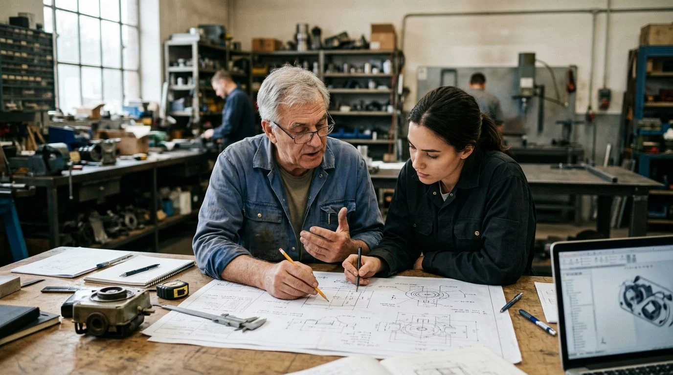 A founder and their designated successor review technical specifications side by side in a family business workshop.