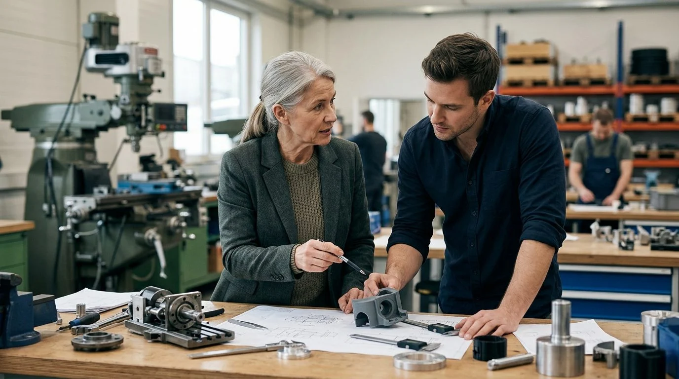 Un fundador y su sucesor designado revisan juntos especificaciones técnicas en el taller de una empresa familiar.