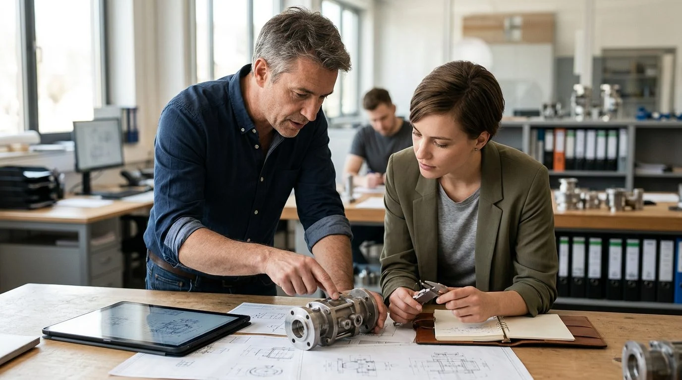 A founder and their designated successor work side by side on product specifications in a workshop.
