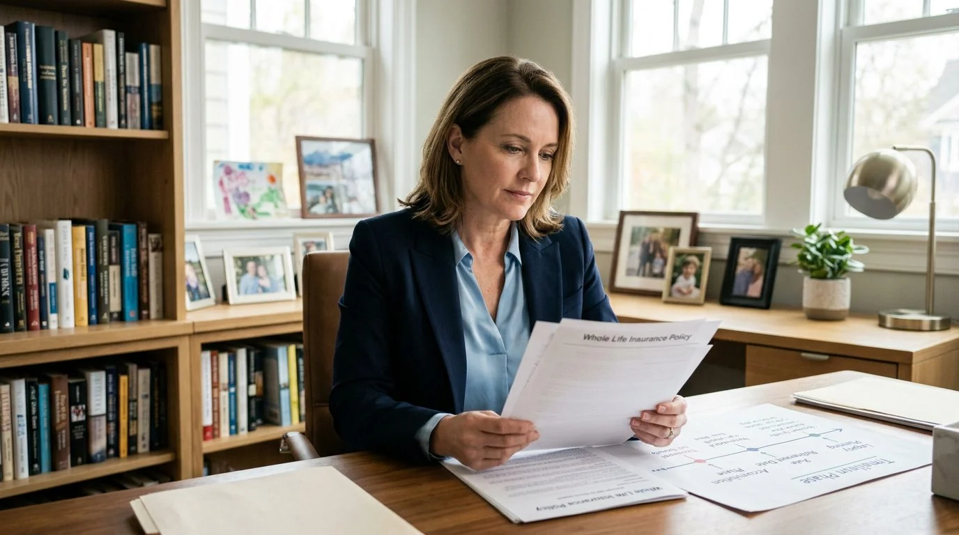 A home office desk where a professional holds a whole life insurance policy statement beside a retirement timeline, with family photos in the