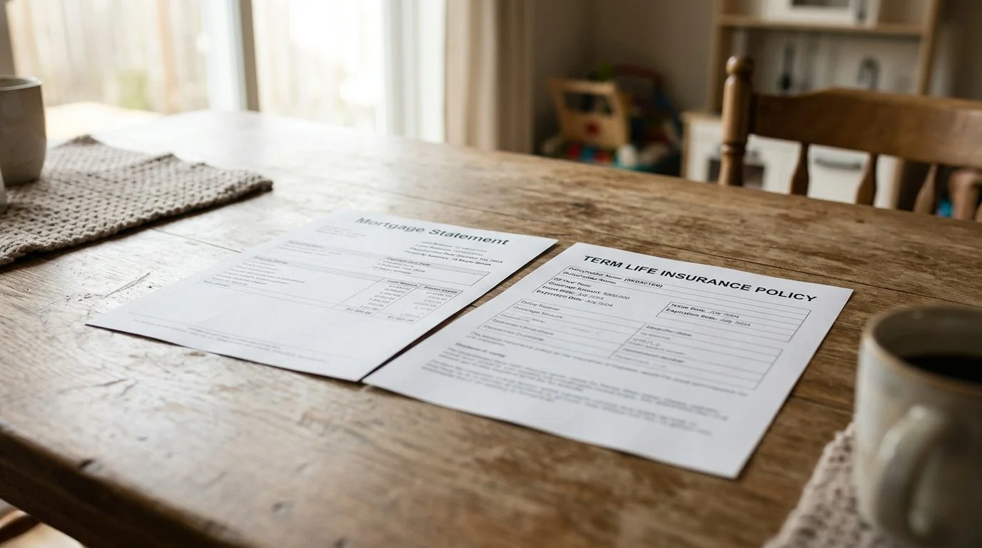 A mortgage statement and a term life insurance policy sit side by side on a kitchen table.