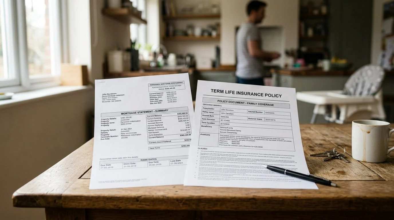 A mortgage statement and a term life insurance policy sit side by side on a kitchen table.