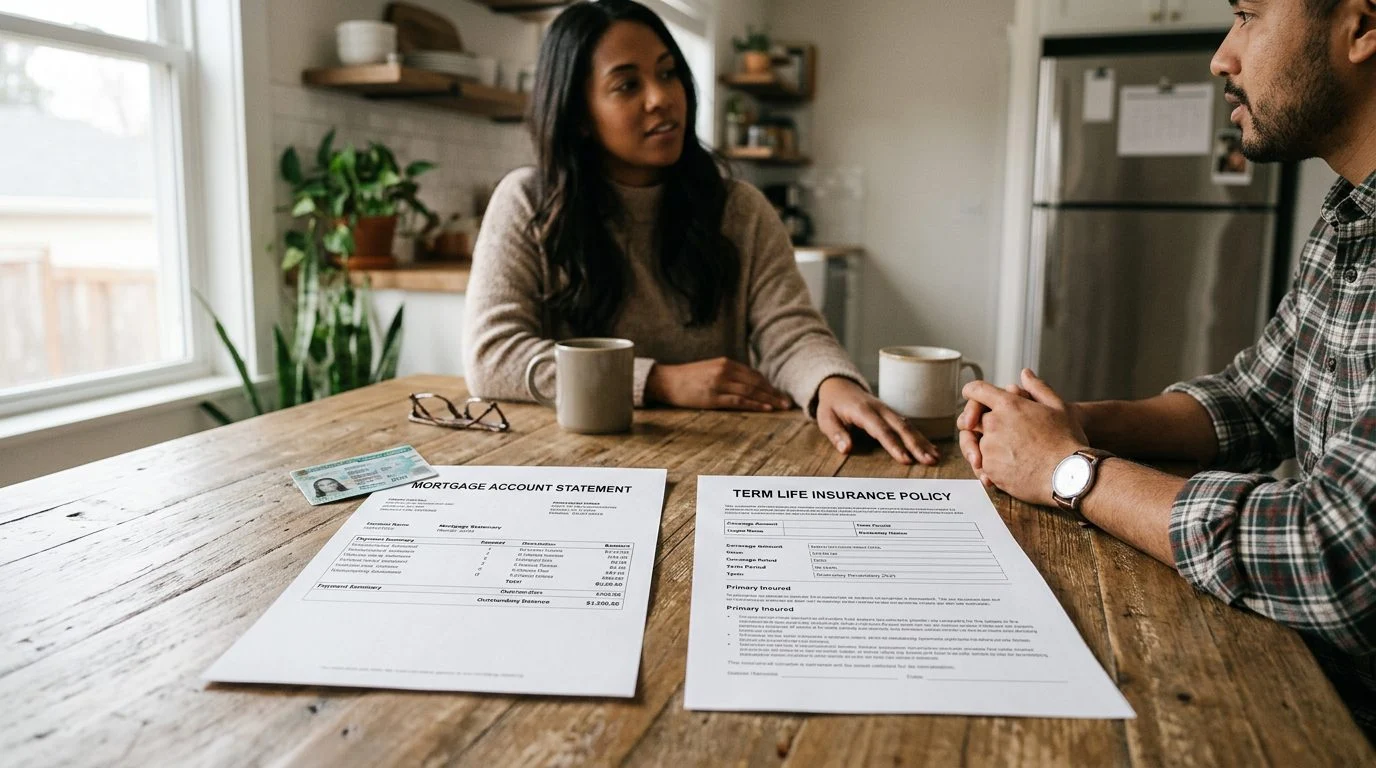 A mortgage statement and a term life insurance policy sit side by side on a kitchen table.