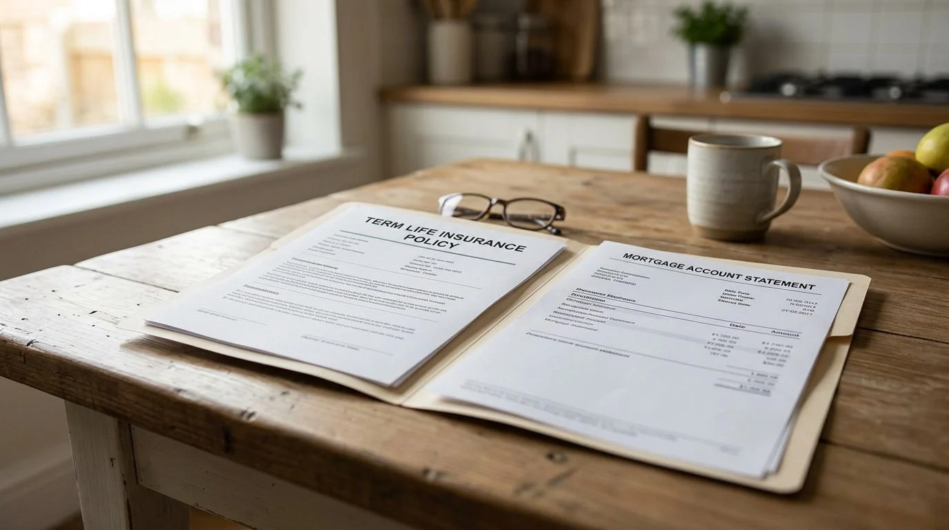 A mortgage statement and term life insurance policy lie side by side on a kitchen table.