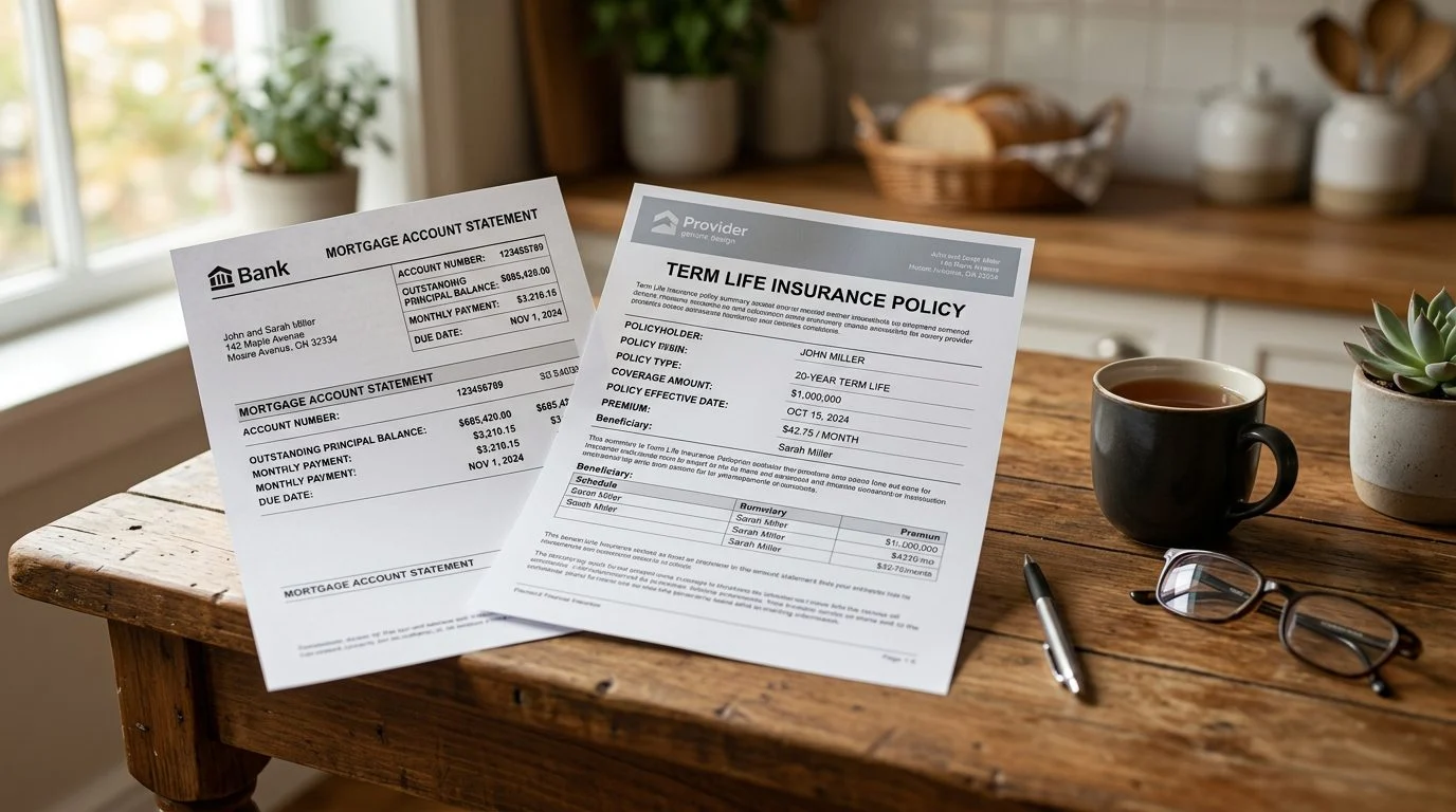 A mortgage statement and term life insurance policy sit side by side on a kitchen table.