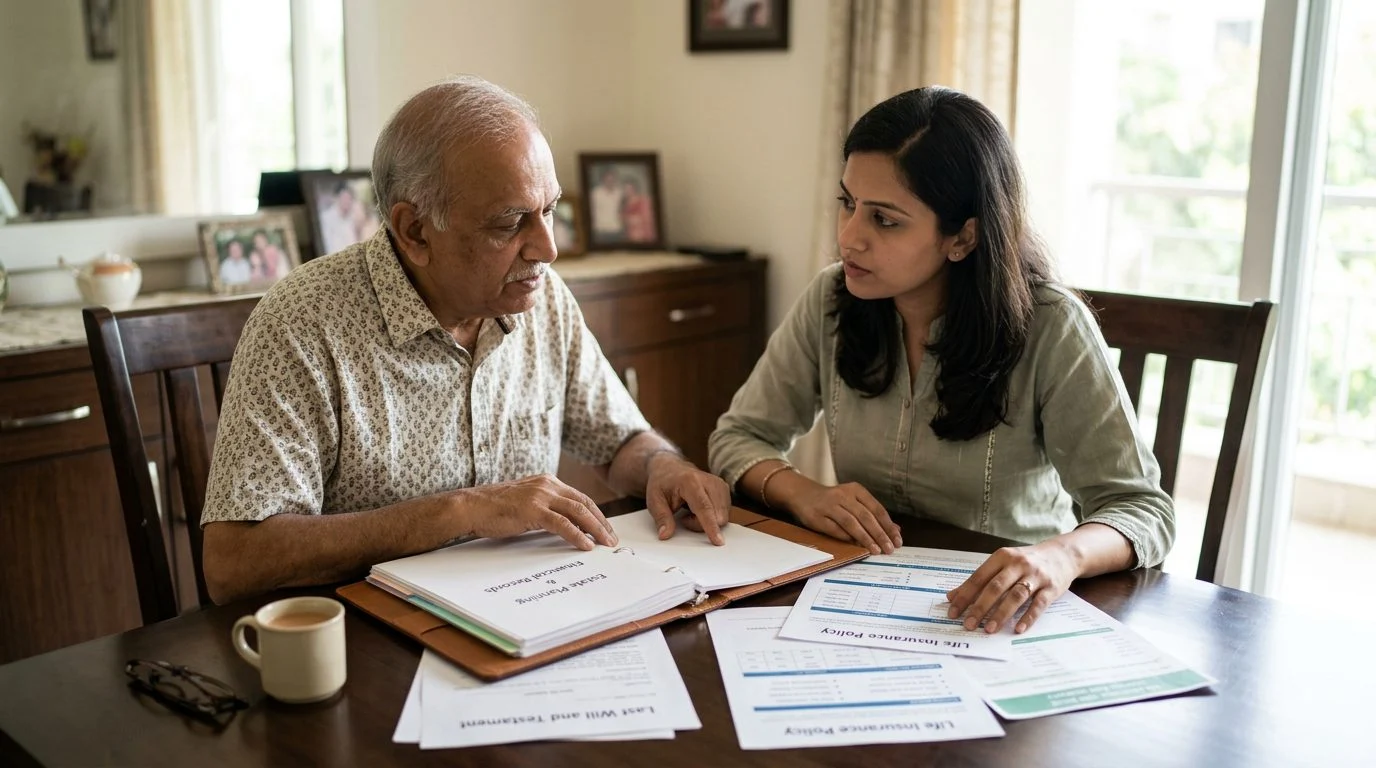 A parent and adult child at a dining table reviewing a binder, a will, and life insurance policy papers.