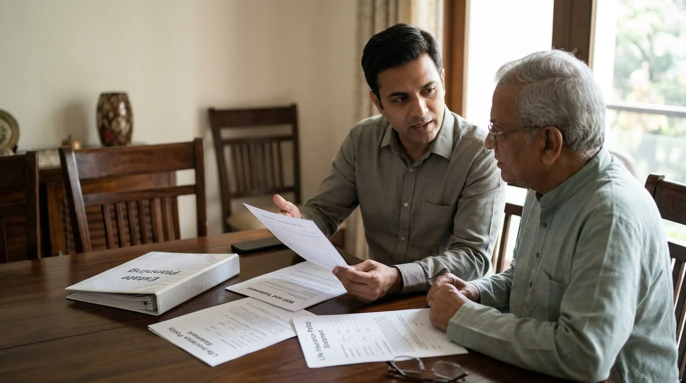 A parent and adult child review a binder, a will, and life insurance statements together at a dining table.