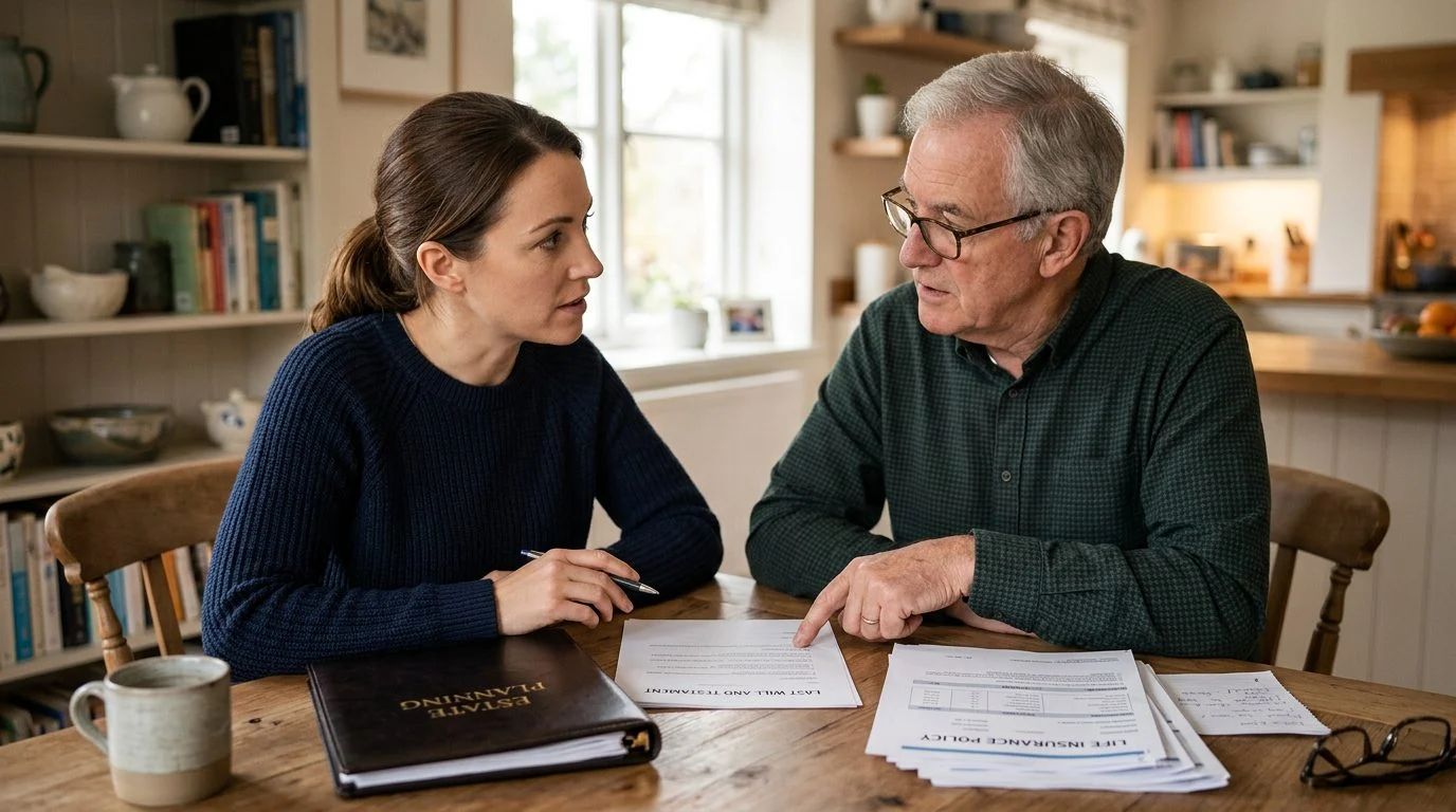 A parent and adult child review a will and life insurance policy papers together at a dining room table.
