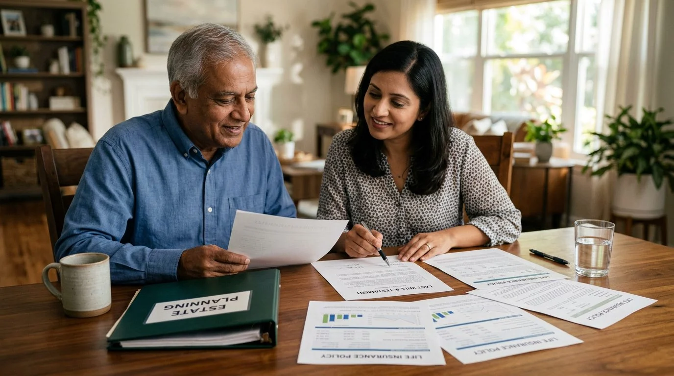 A parent and adult child reviewing a will and life insurance statements at a dining room table.