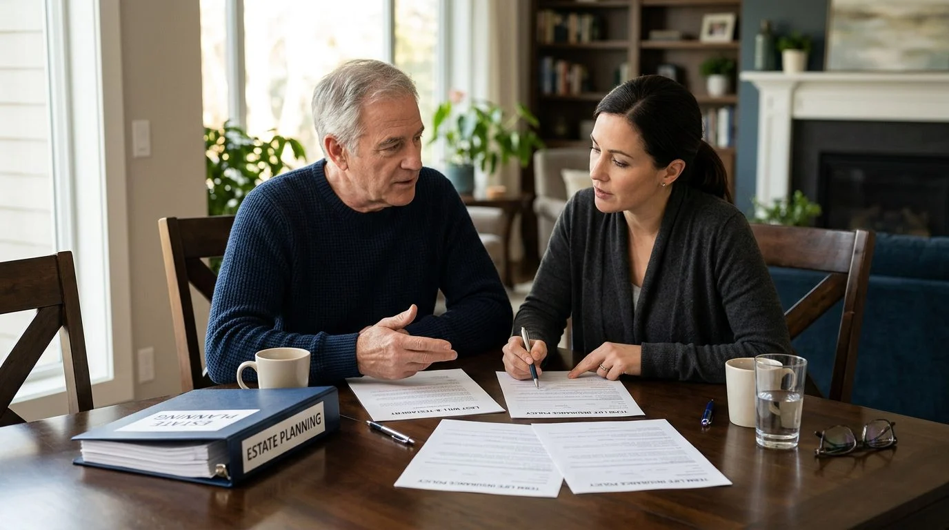 A parent and adult child sit at a dining table reviewing an estate planning binder, a will, and life insurance policy papers.