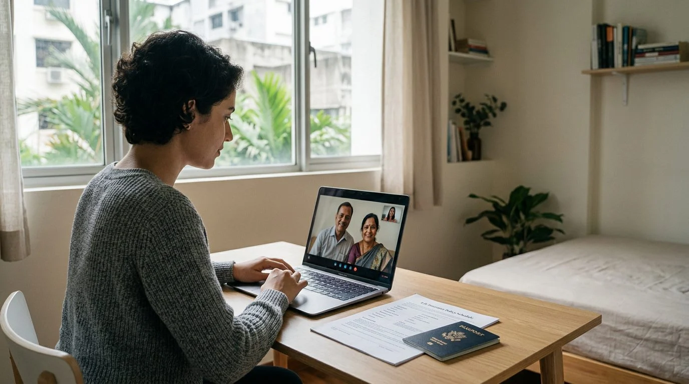 A professional works on a laptop in an overseas apartment beside a printed policy schedule and passport while on a video call.